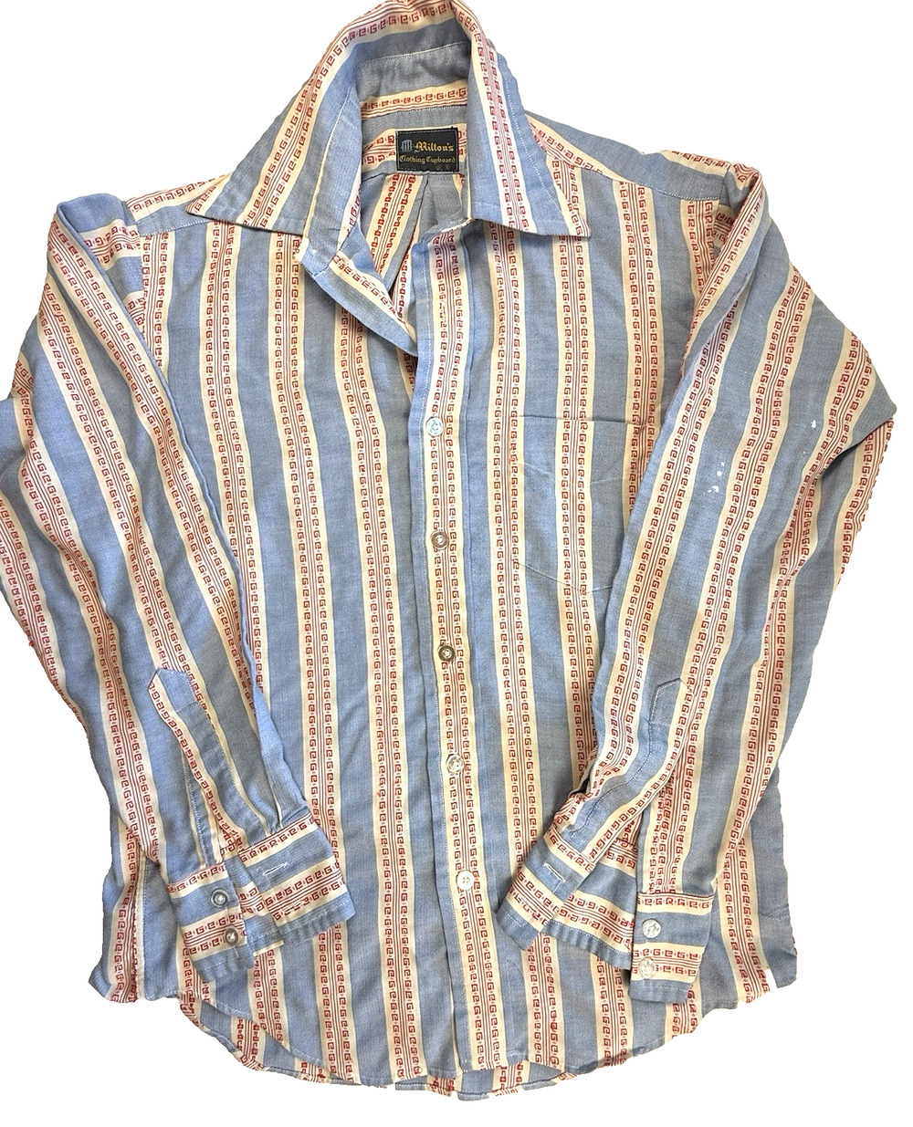 Vtg Milton’s Clothing Cupboard Shirt large Dobby Stripe Preppy Greek Key Collegi